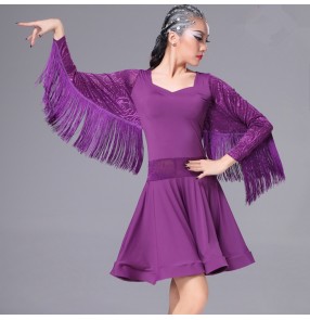 Purple violet black royal blue lace fringes sleeves competition stage performance women's ladies latin ballroom dance dresses outfits costumes
